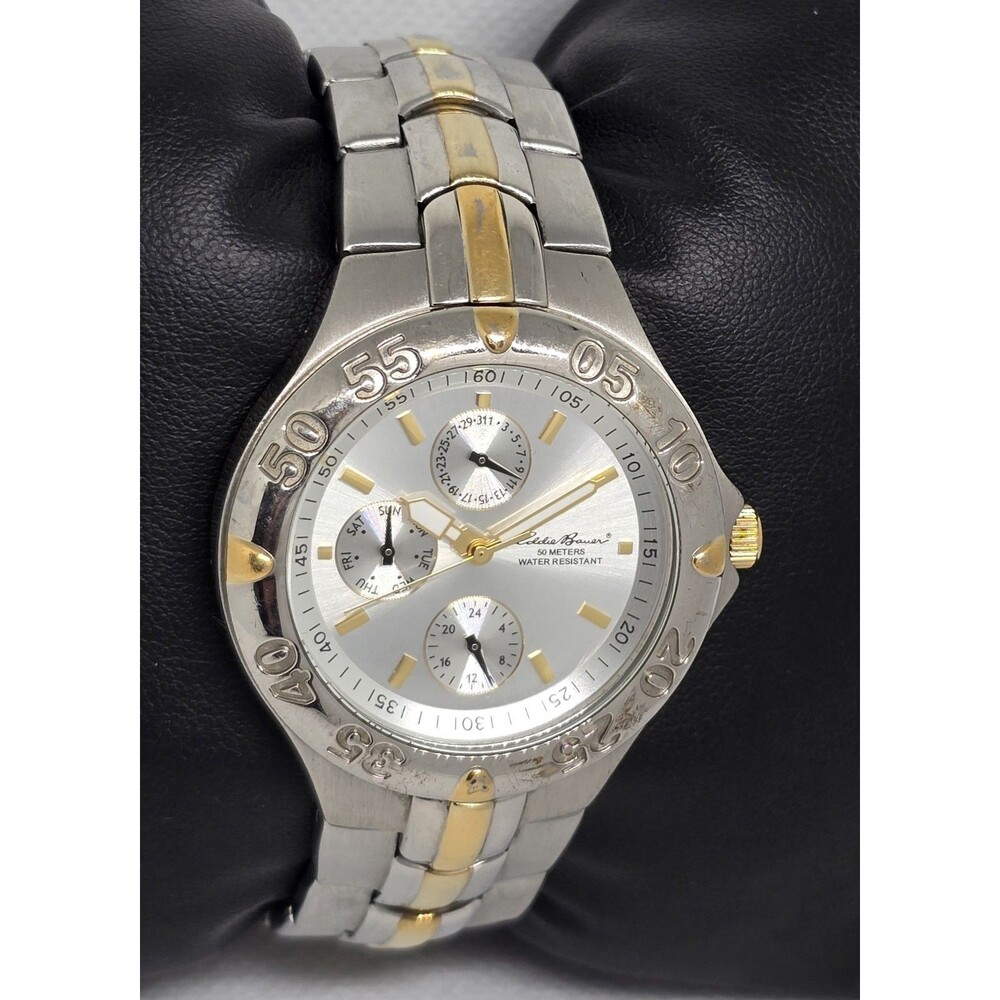 Men's Eddie Bauer Textured 3 Eye Silver Gold Two Tone Case Bracelet Watch 11 - Picture 3 of 8
